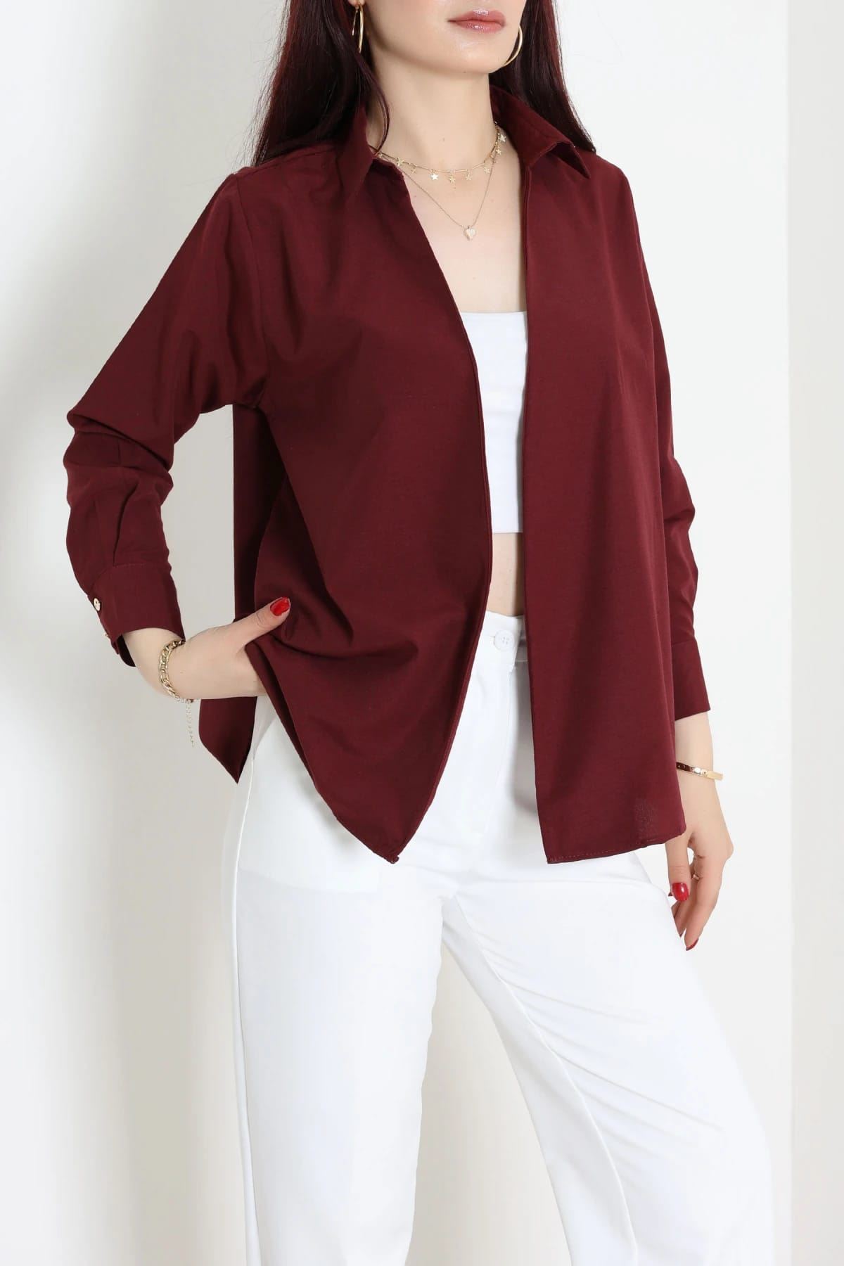 Kemerli Poplin Gömlek Bordo