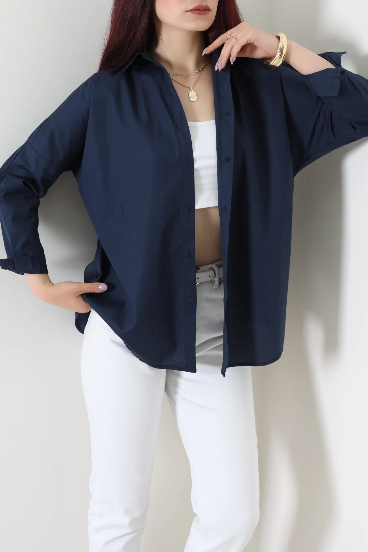Oversize Poplin Gömlek Lacivert