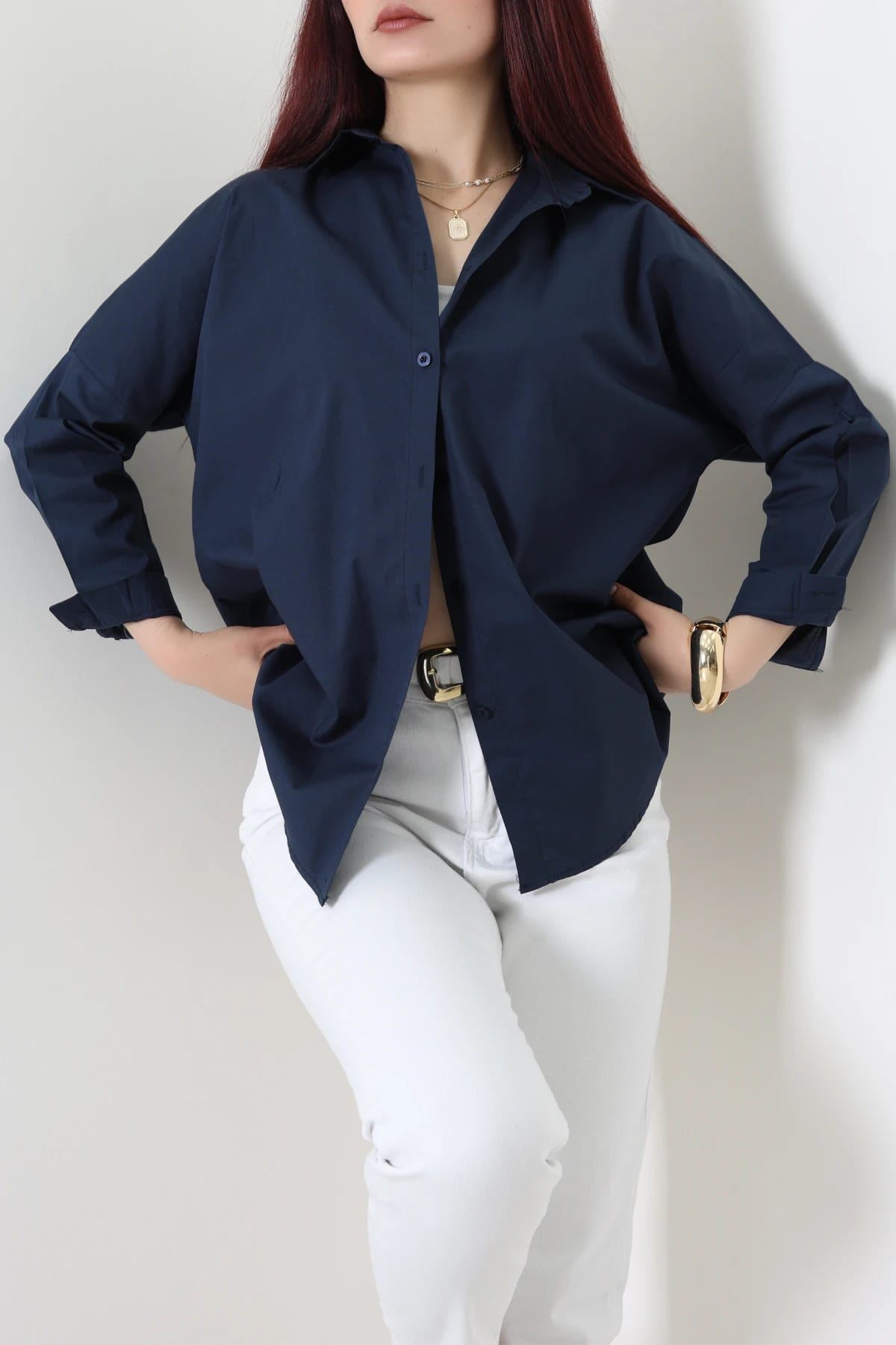 Oversize Poplin Gömlek Lacivert