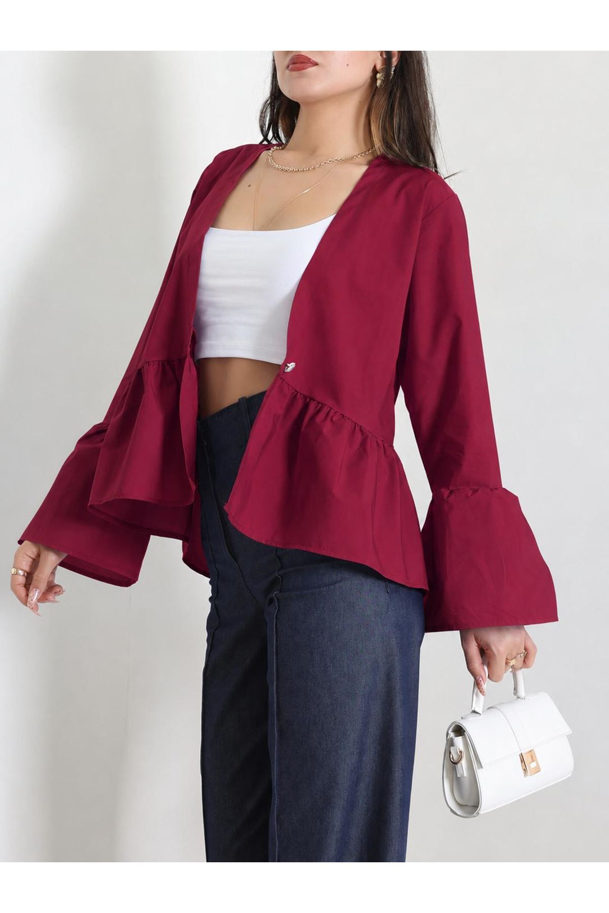 Poplin Düğmeli Gömlek Ceket  Bordo