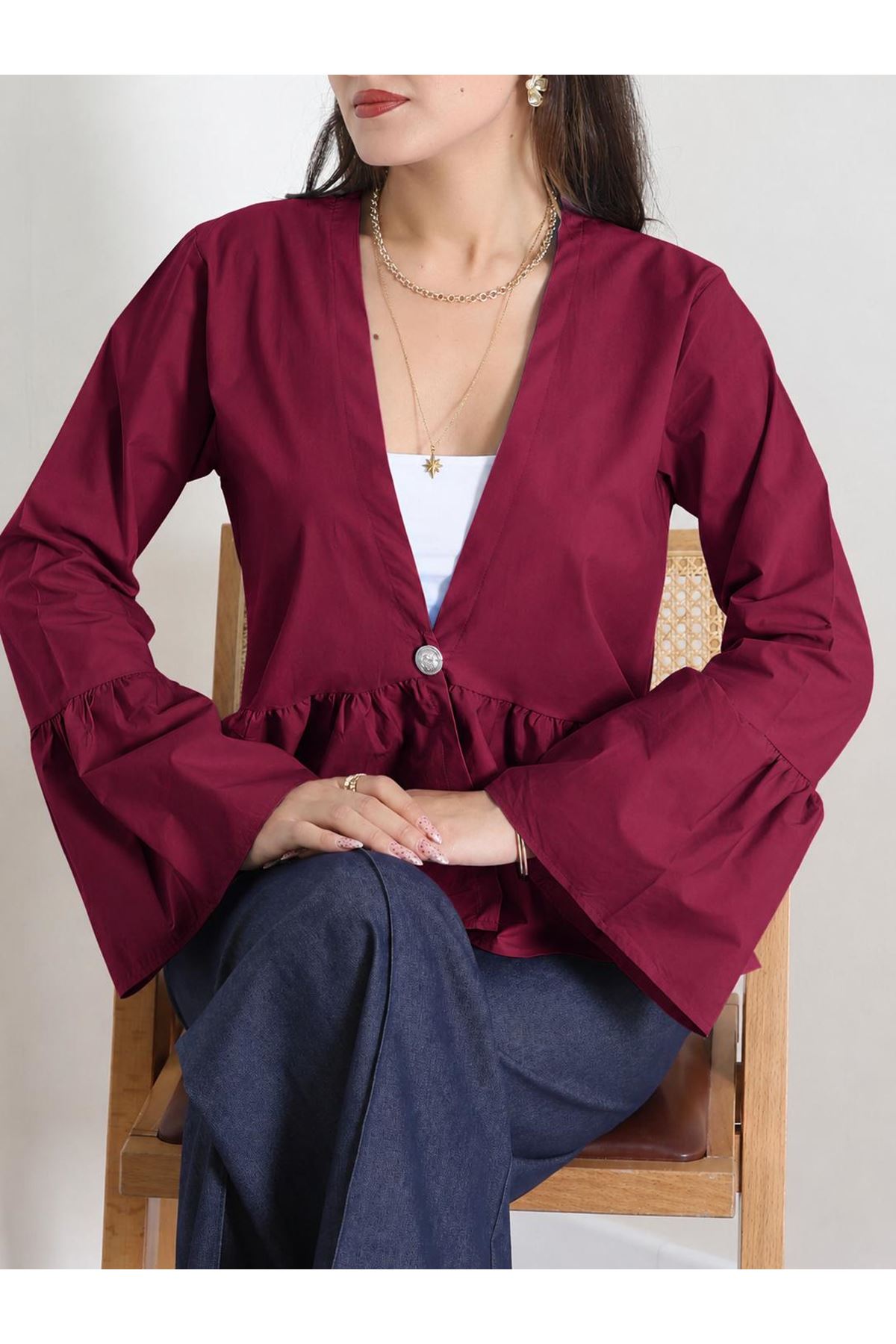 Poplin Düğmeli Gömlek Ceket  Bordo