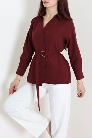Kemerli Poplin Gömlek Bordo