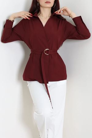 Kemerli Poplin Gömlek Bordo